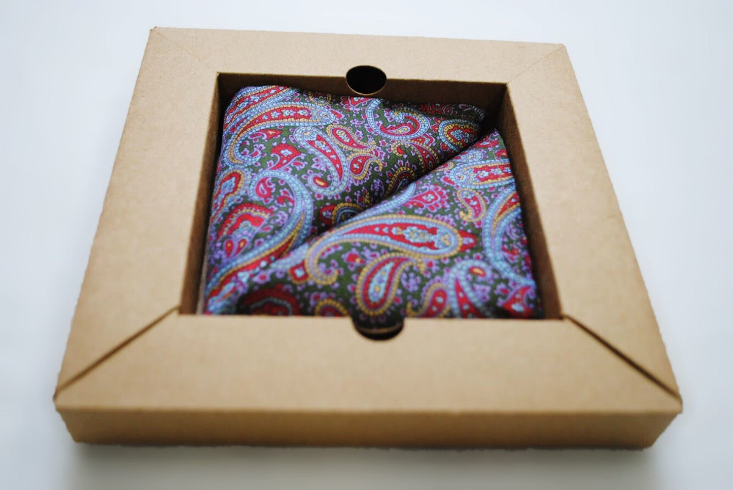 Vegan Pocket Square in Green and Multicoloured Paisley