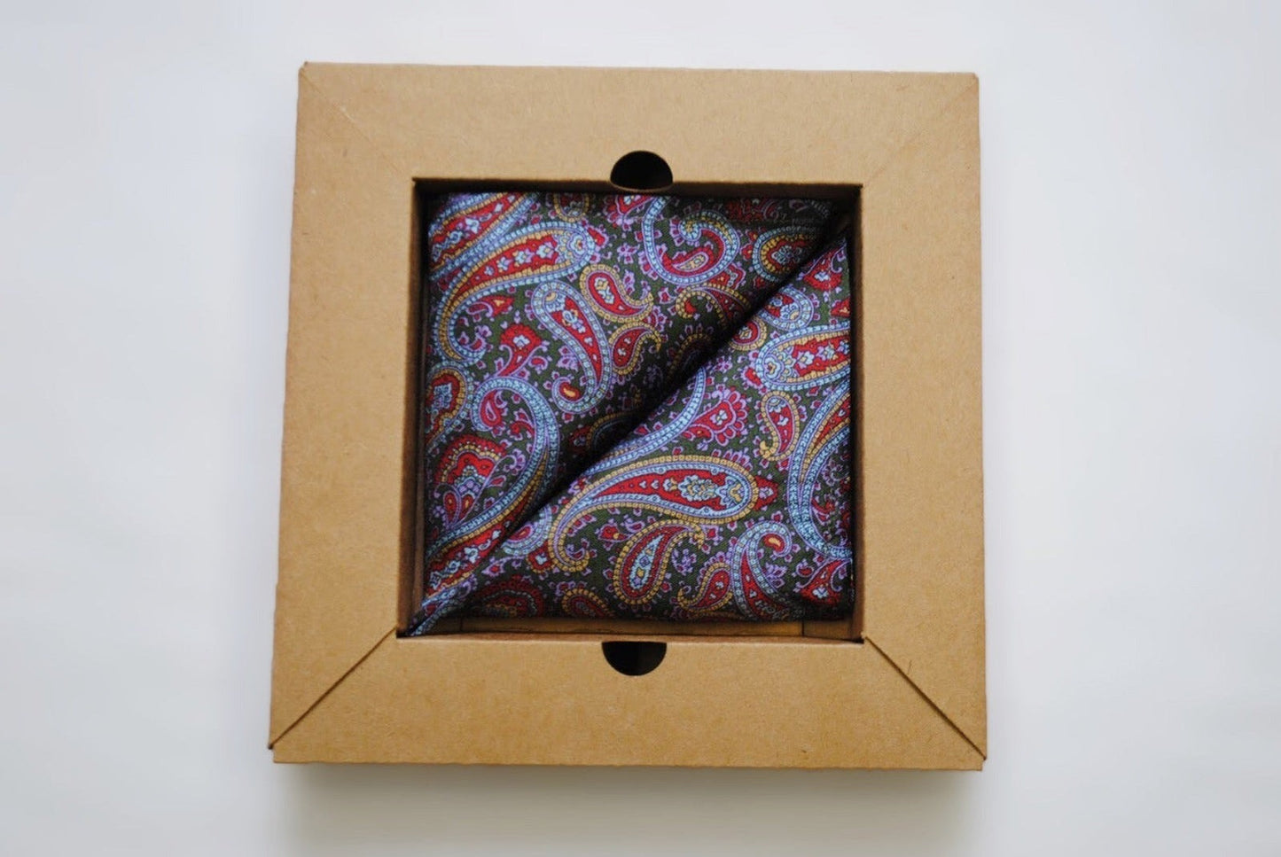 Vegan Pocket Square in Green and Multicoloured Paisley